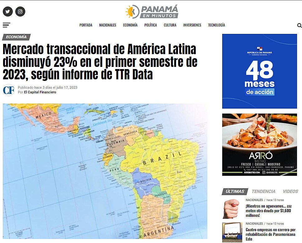 Mercado transaccional de Amrica Latina disminuy 23% en el primer semestre de 2023, segn informe de TTR Data
